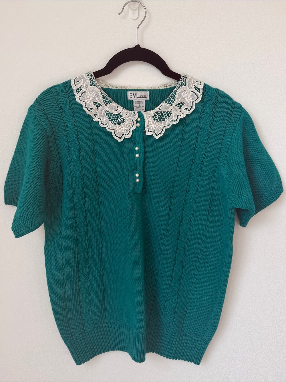 Vintage Teal Knit Top with White Lace Collar